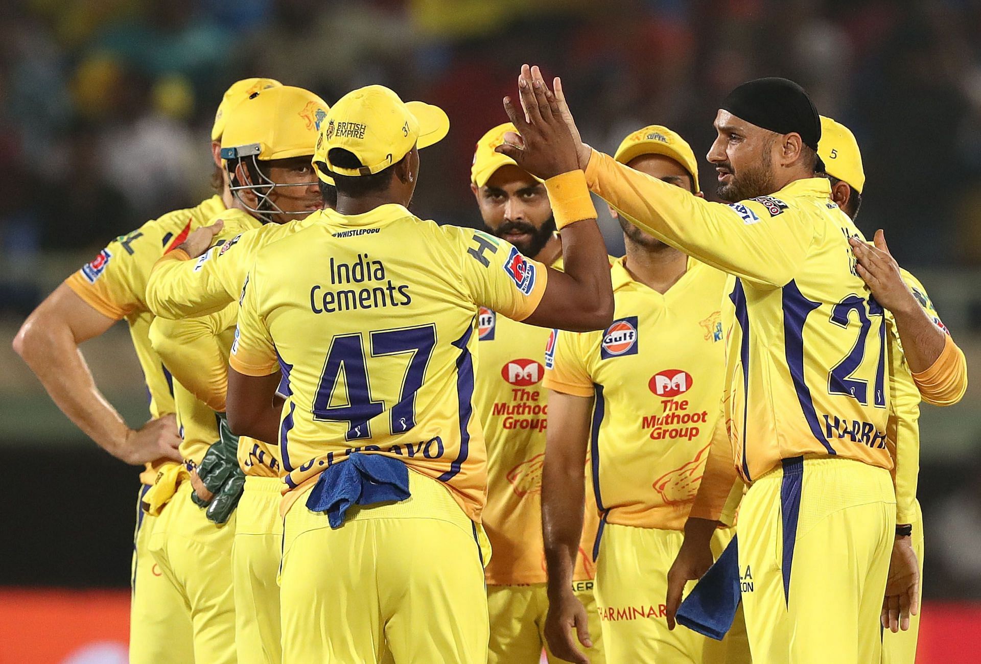 Harbhajan Singh celebrates a wicket with CSK teammates. Pic: Getty Images