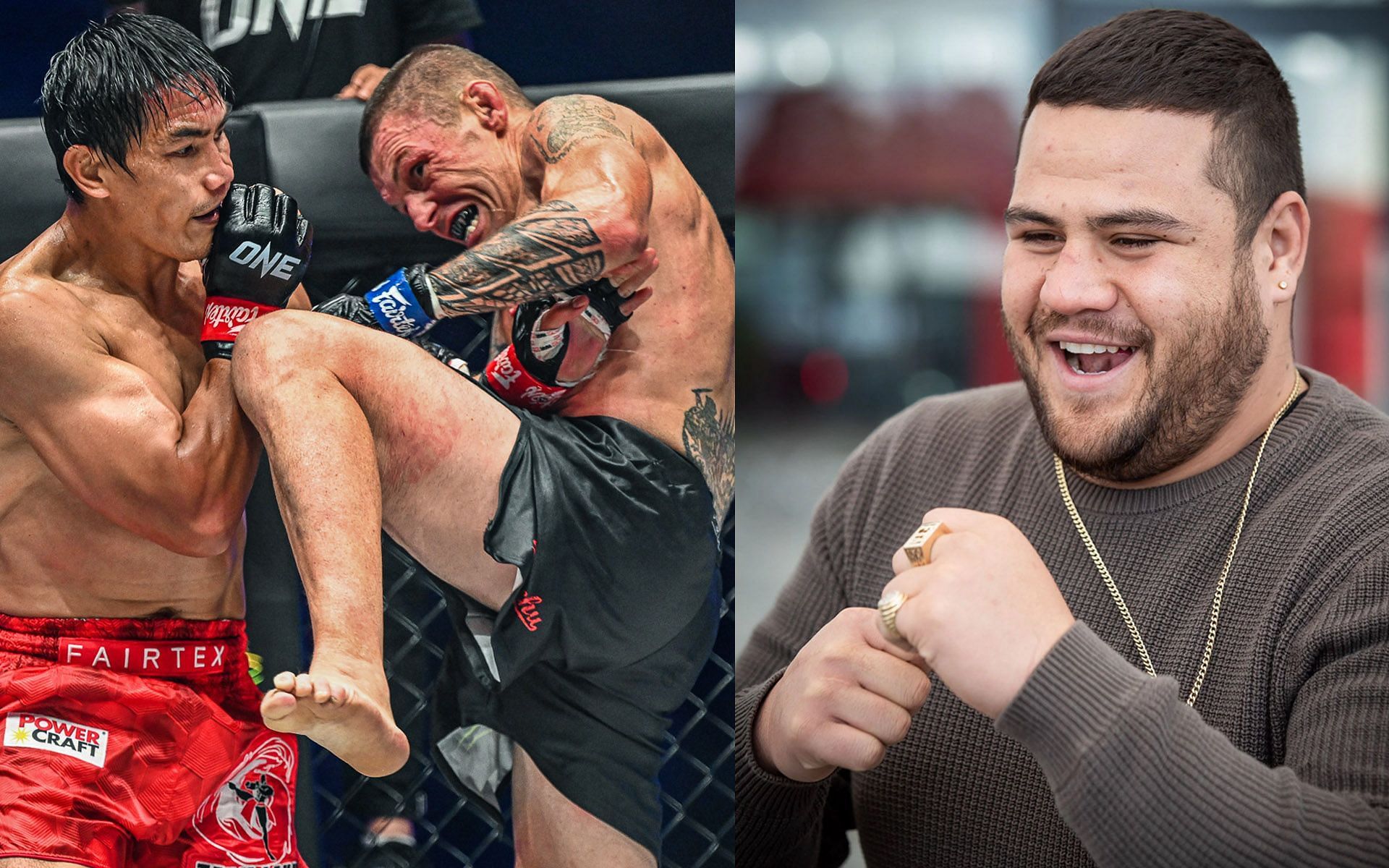 John Wayne Parr (L, black trunks) got a shoutout from Tai Tuivasa (R) in the comments section of his Instagram post. | [Photos: ONE Championship/Getty]