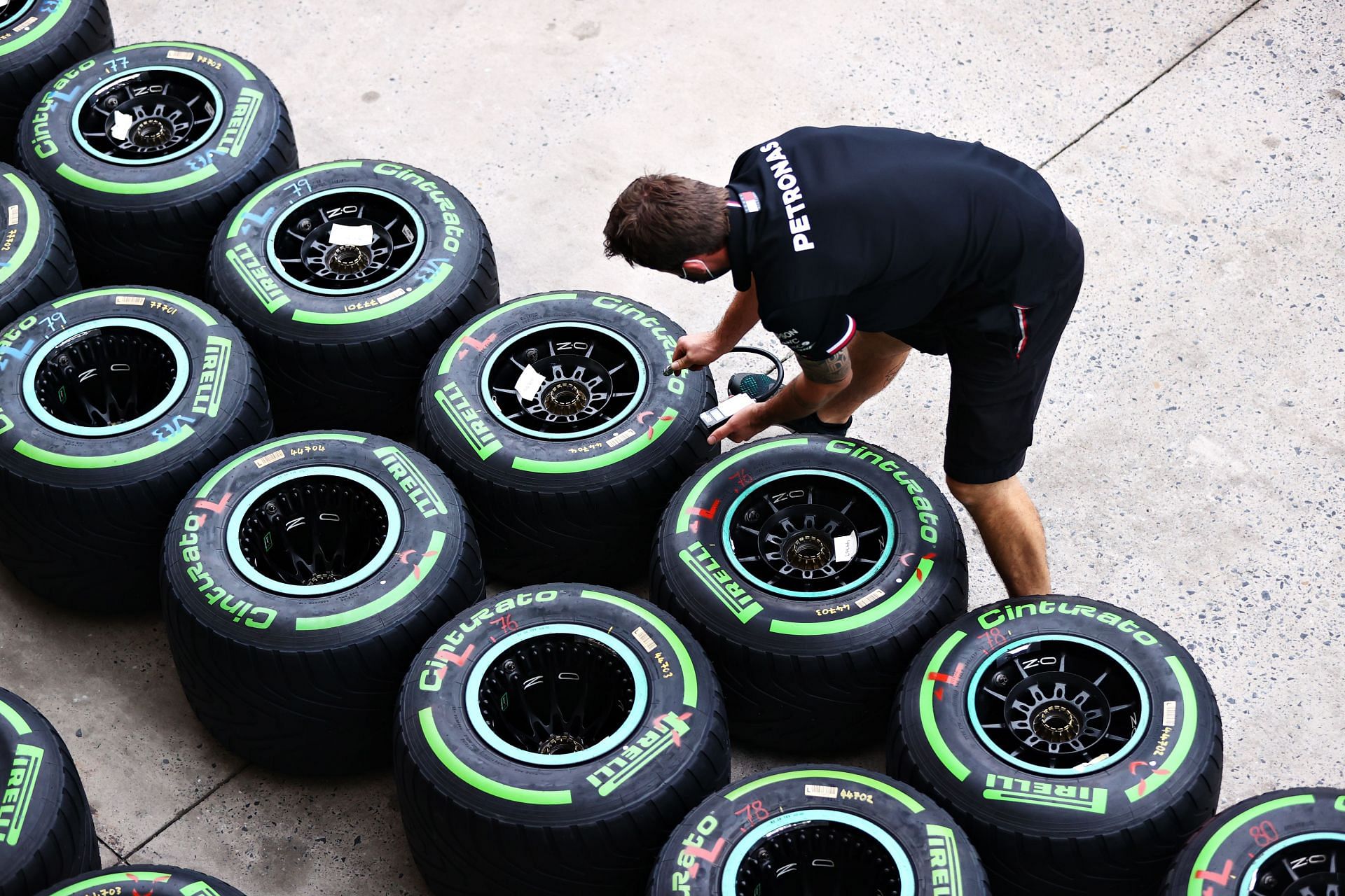 F1 tires being worked on before the 2021 Sau Paulo Grand Prix (Photo by Buda Mendes/Getty Images)