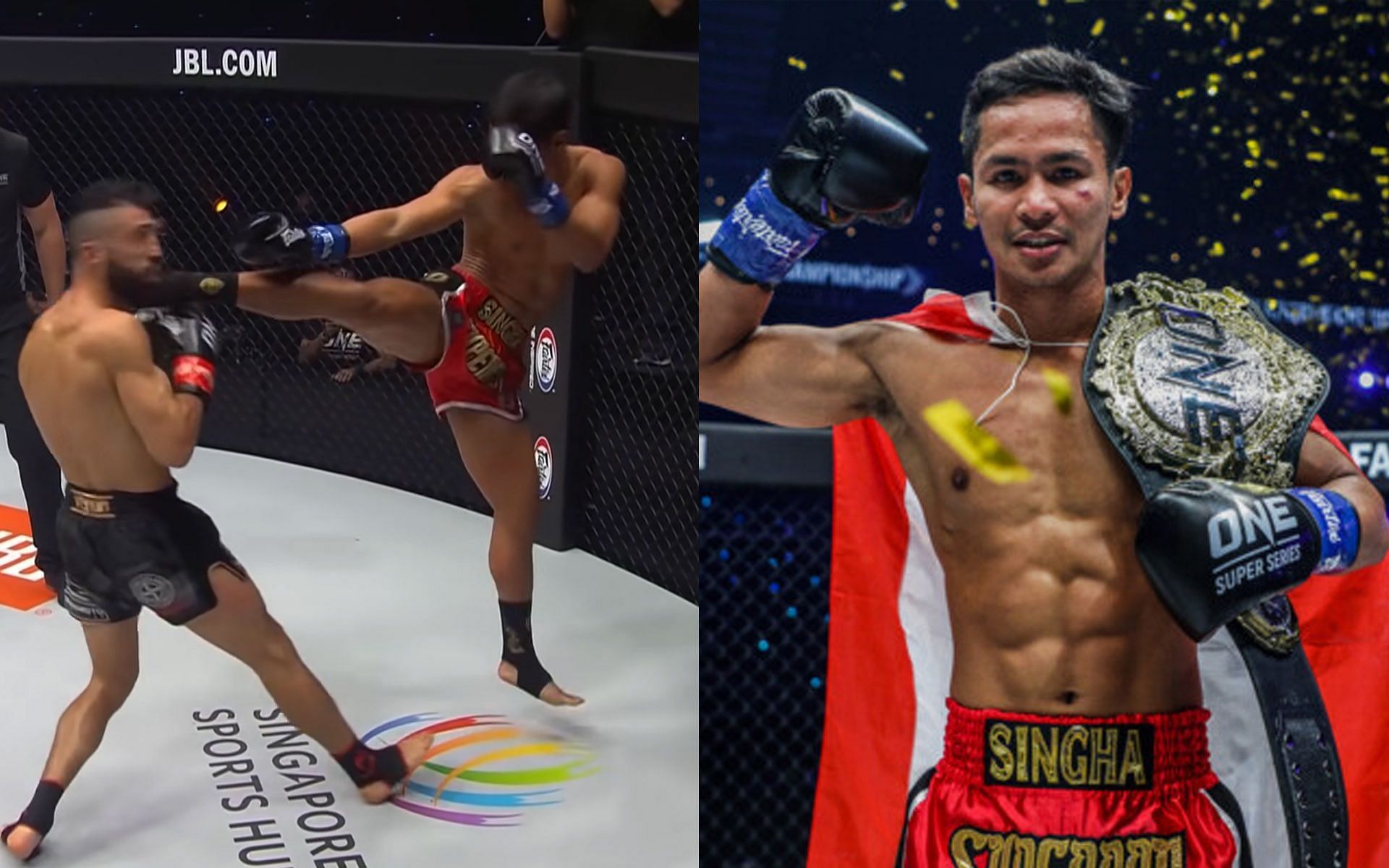 Superbon (R) is showing that he&#039;s training the same move that knocked out Giorgio Petrosyan in 2021. | [Photos: ONE Championship]