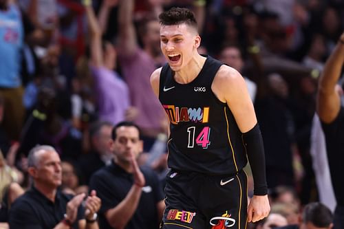 Minnesota Timberwolves v Miami Heat; Tyler Herro smiles in celebration