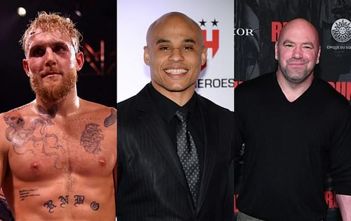 Jake Paul (left), Ali Abdelaziz (center) & Dana White (right)