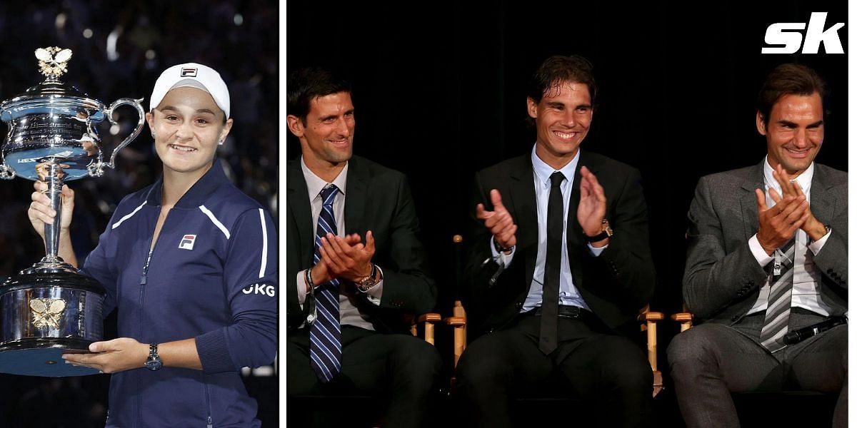 Ashleigh Barty (L) and Djokovic, Nadal and Federer