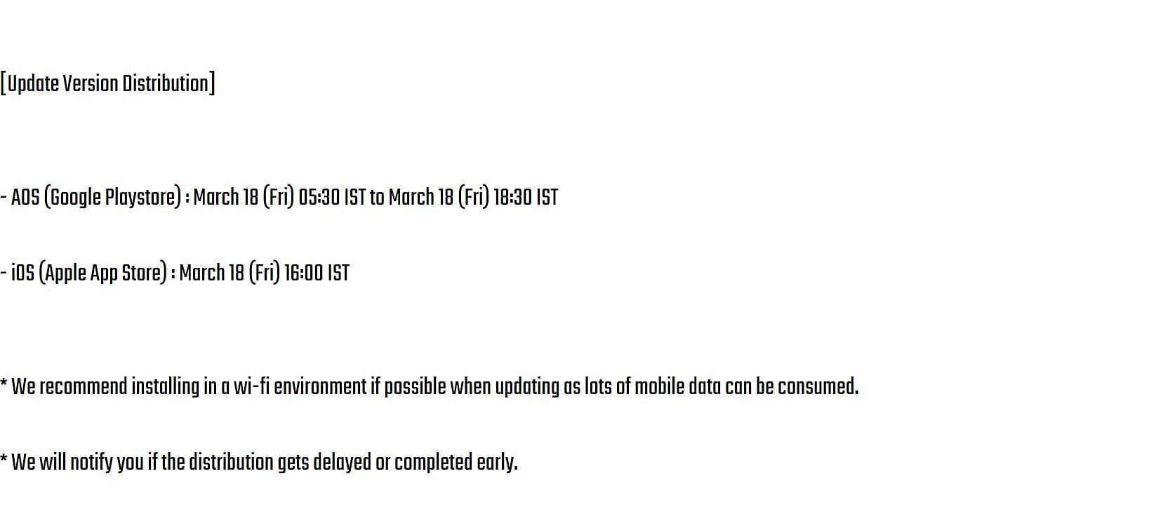 The update schedule (Image via Krafton)