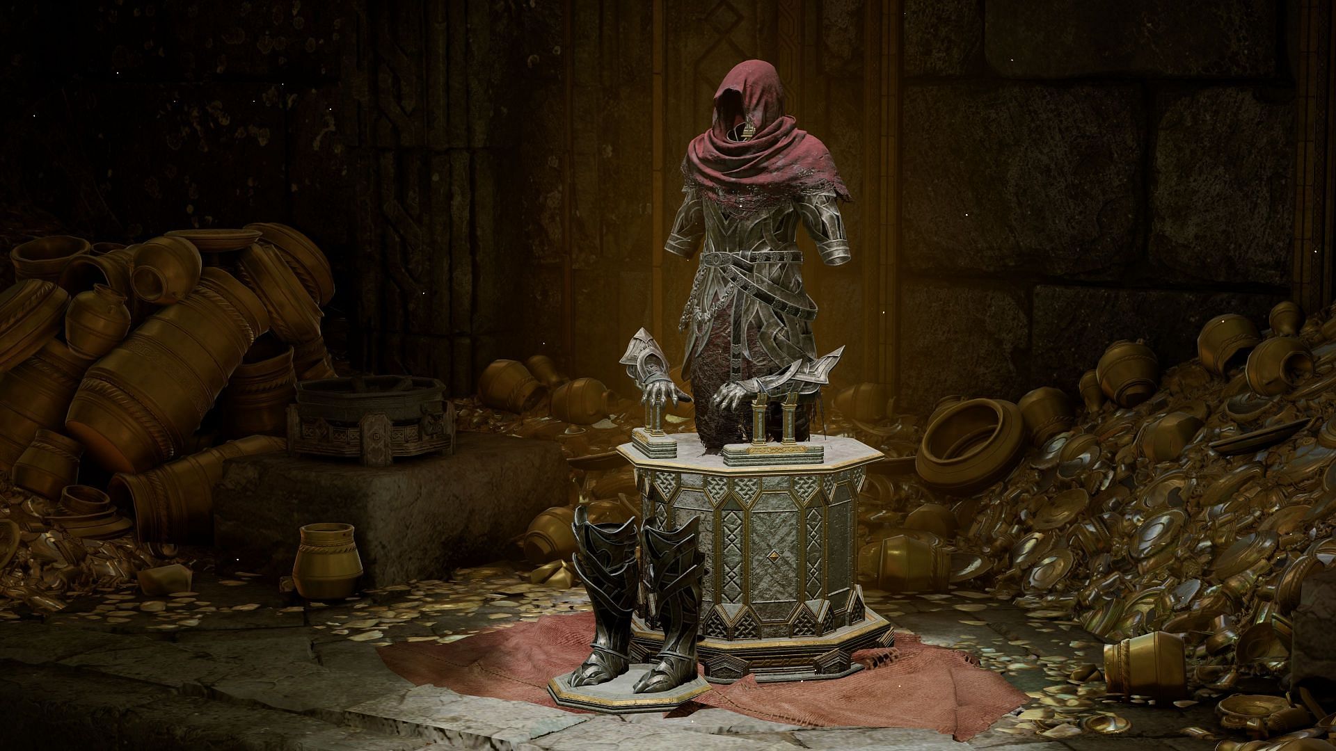 The Hreidmar&#039;s Armor set placed on a pedestal in Assassin&#039;s Creed Valhalla: Dawn of Ragnarok (Image via PlayStation Blog)
