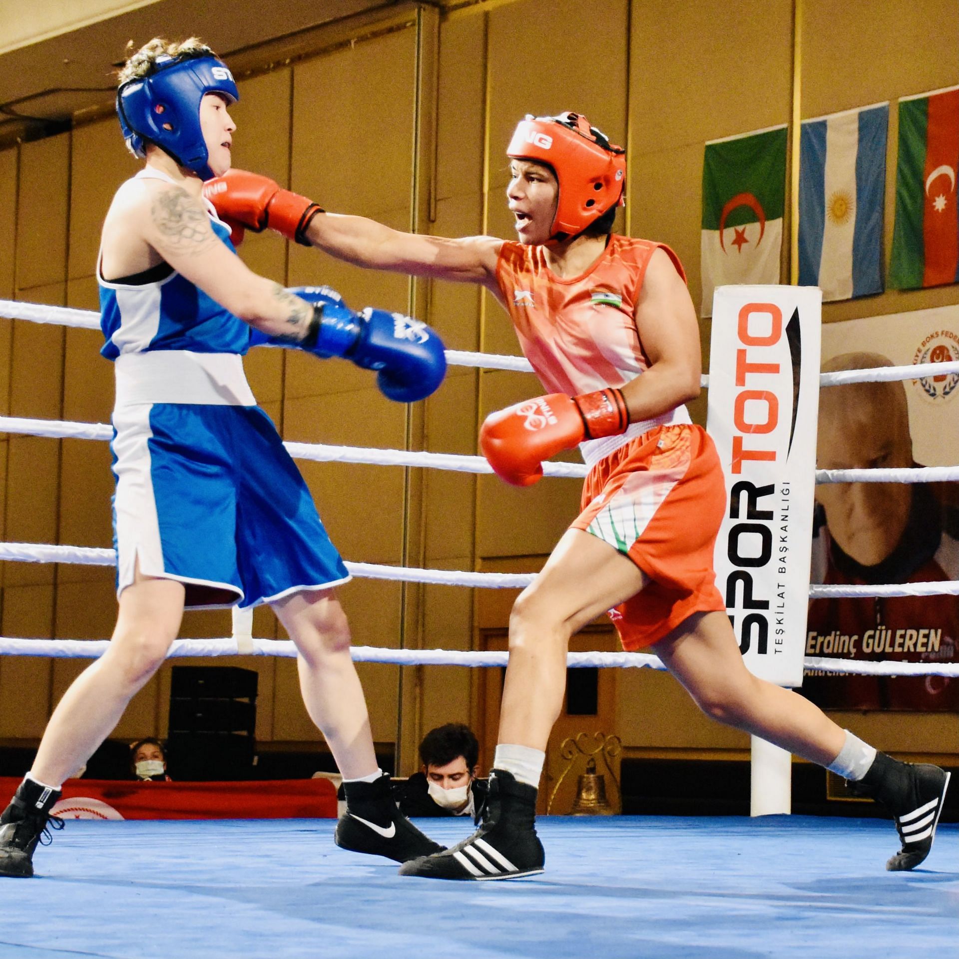 Nikhat Zareen (red) sails into the final of 52kg bout at the national selection trials on Monday. File photo credit BFI
