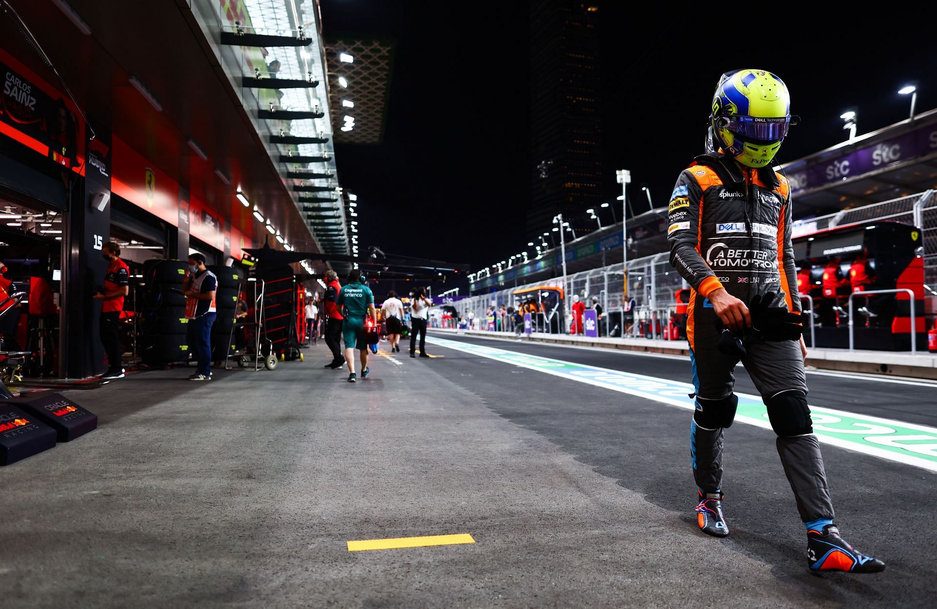 McLaren&#039;s Lando Norris walks in the pit lane during the 2022 F1 Saudi Arabian GP weekend (Photo by Mark Thompson/Getty Images)