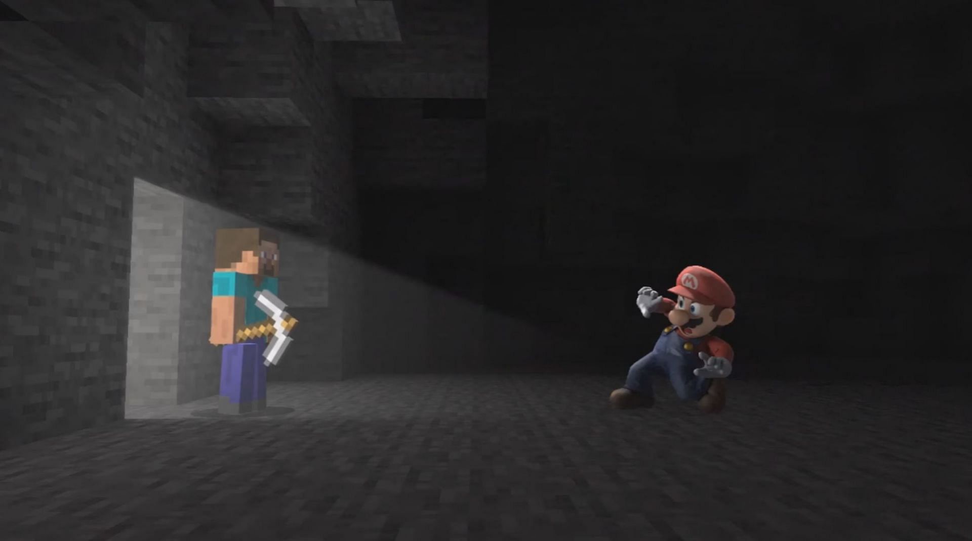 Steve is revealed to Mario in his character trailer (Image via Mojang/Nintendo)