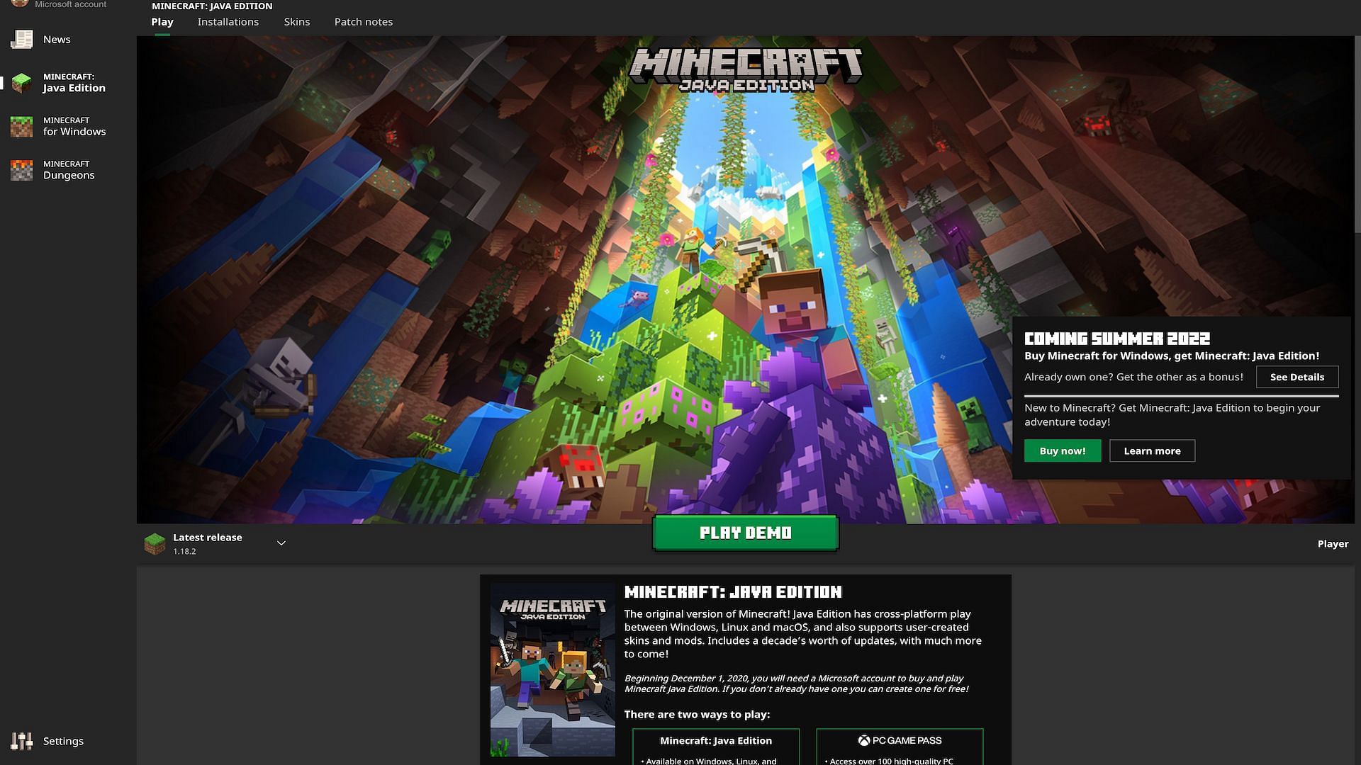 Players are able to download the launcher for free and play a demo version for up to 100 minutes (Image via Mojang)