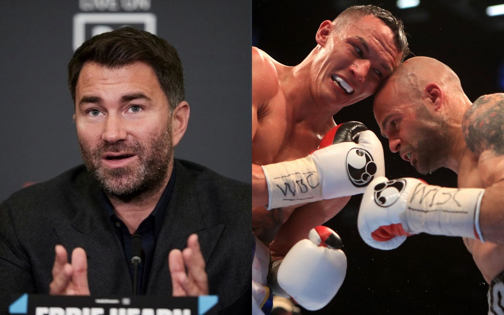 Eddie Hearn (left) and Josh Warrington vs. Kiko Martinez (right)