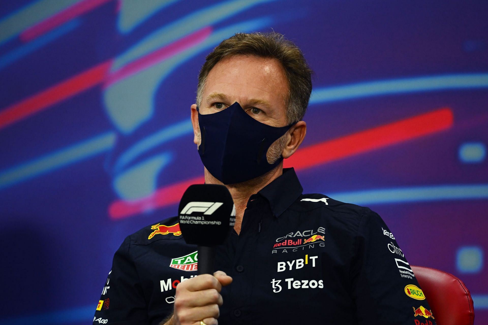 Red Bull team principal Christian Horner in conversation during the pre-race press conference in Bahrain (Photo by Clive Mason/Getty Images)