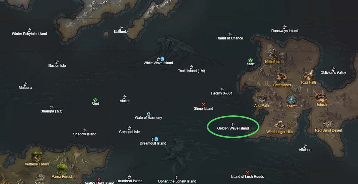 Where to find Golden Wave Island on the Lost Ark map (Image via Smilegate)