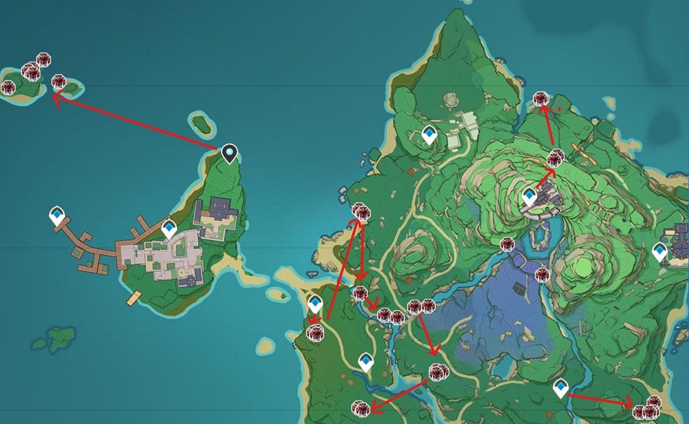 Farming routes for Handguards in Narukami Island (Image via Genshin Impact Interactive Map)