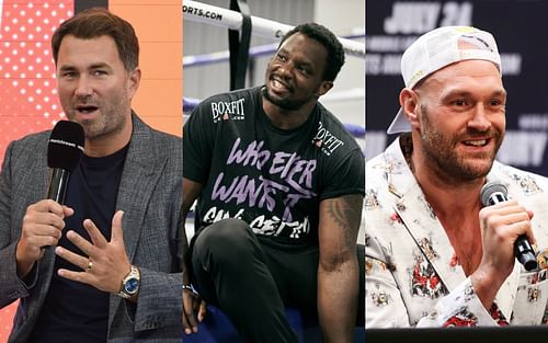 [L-R] Eddie Hearn, Dillian Whyte, and Tyson Fury