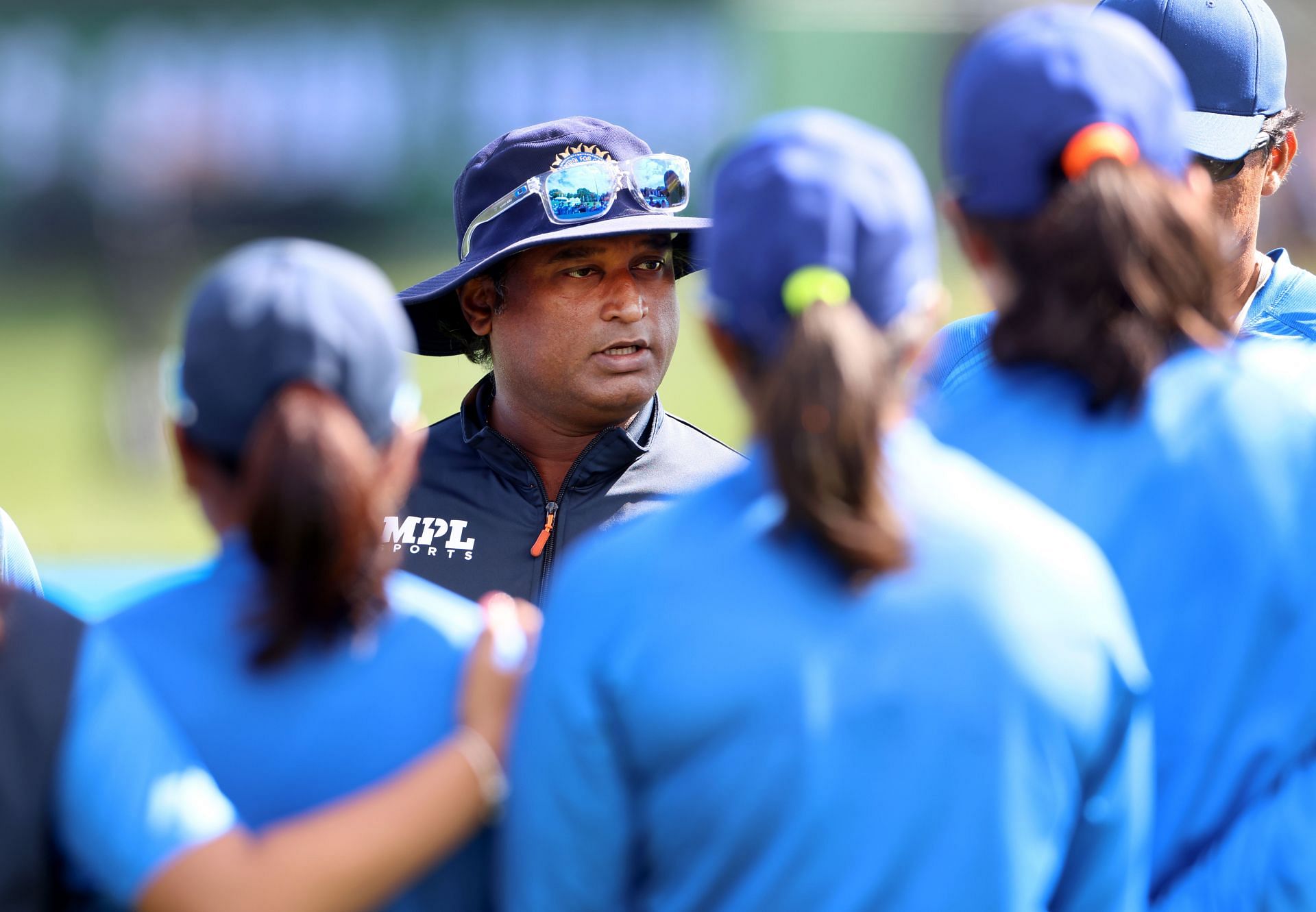 Indian Women&#039;s Cricket head coach Ramesh Powar speaks to the team before the 2022 ICC Women&#039;s Cricket World Cup match between India and South Africa. Pic: Getty Images