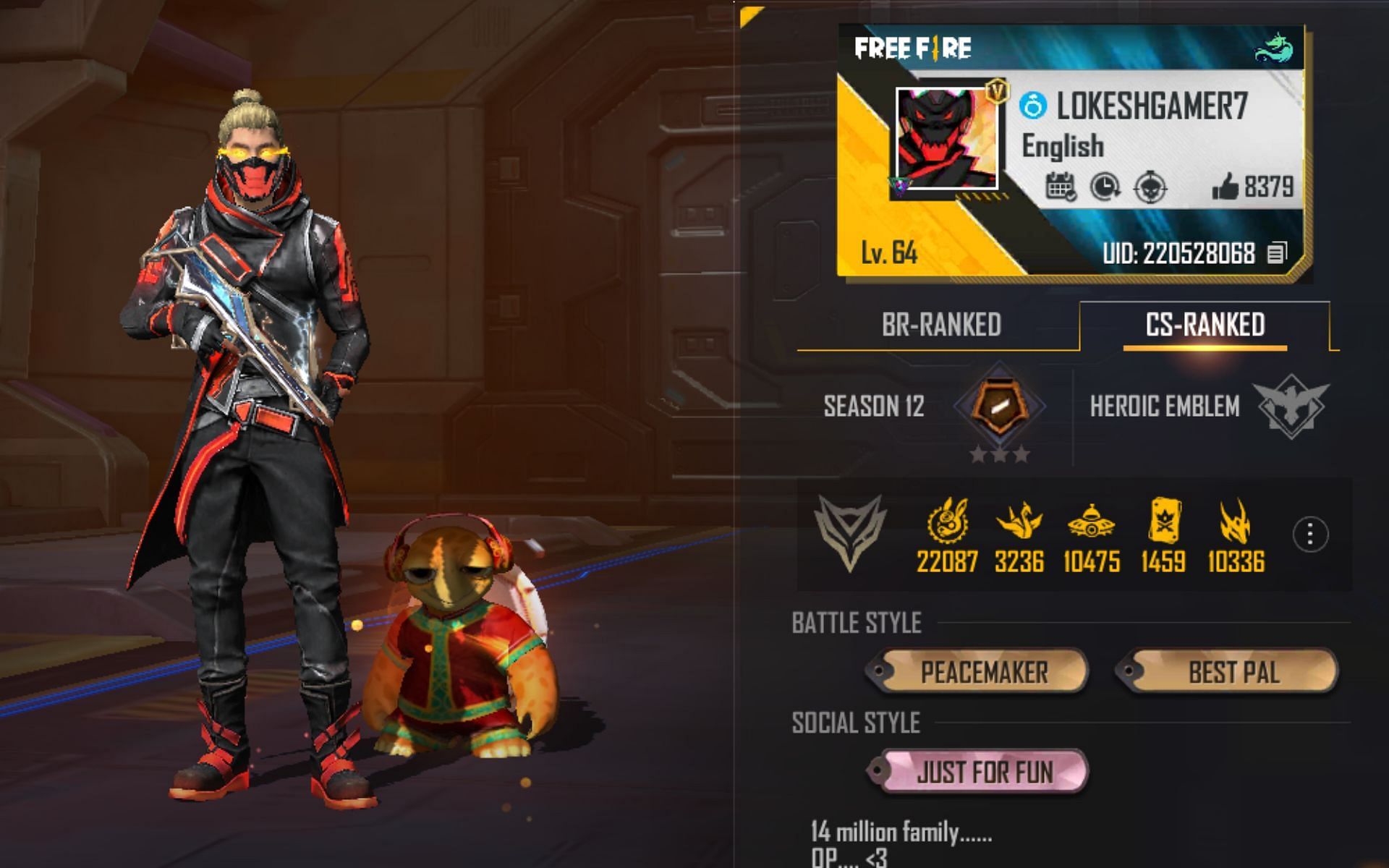 This is the ID of Lokesh Gamer within Garena Free Fire (Image via Garena)