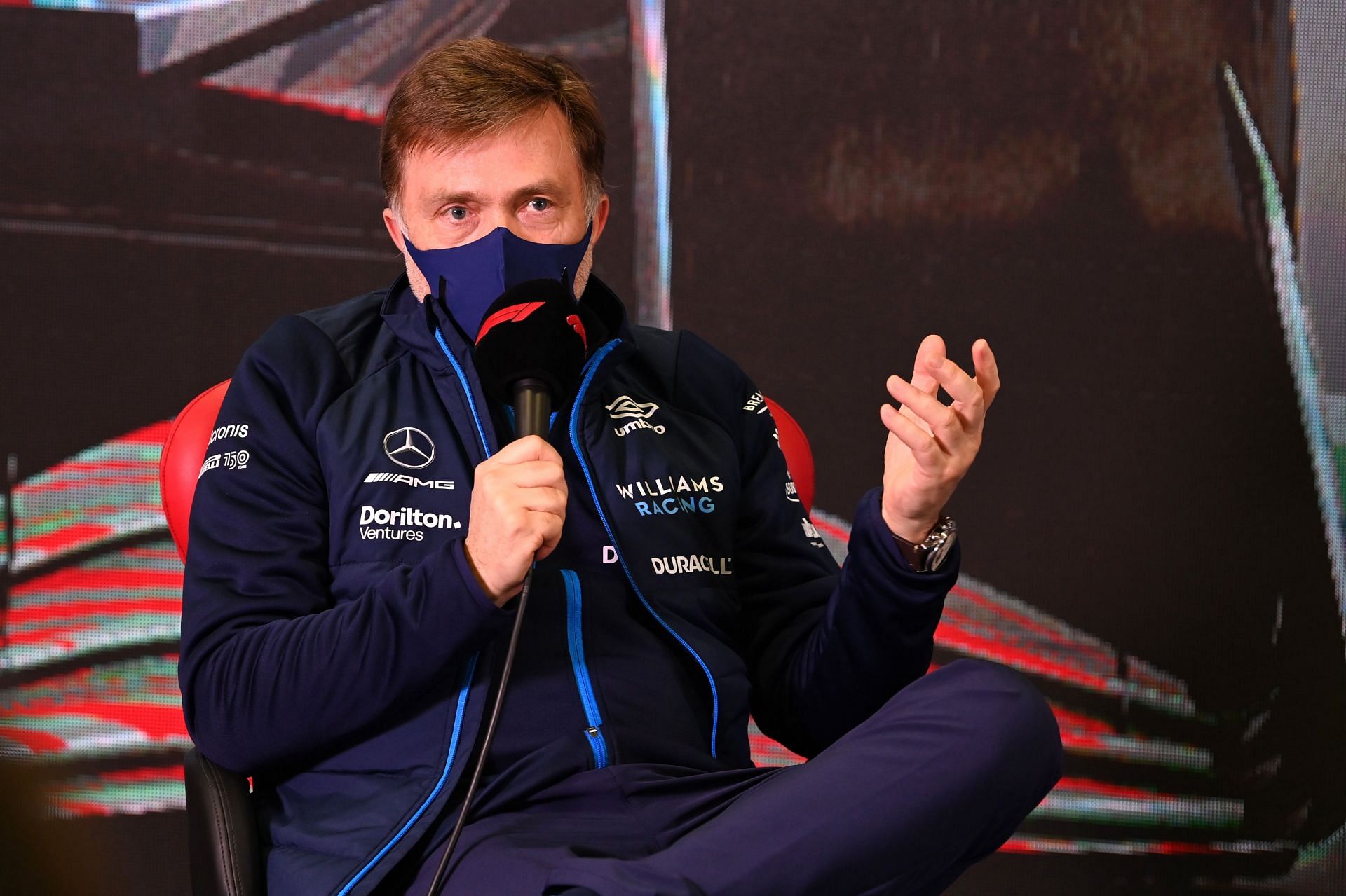 Williams CEO Jost Capito speaks to the media during F1 pre-season testing in Barcelona (Photo by Mark Sutton - Pool/Getty Images)