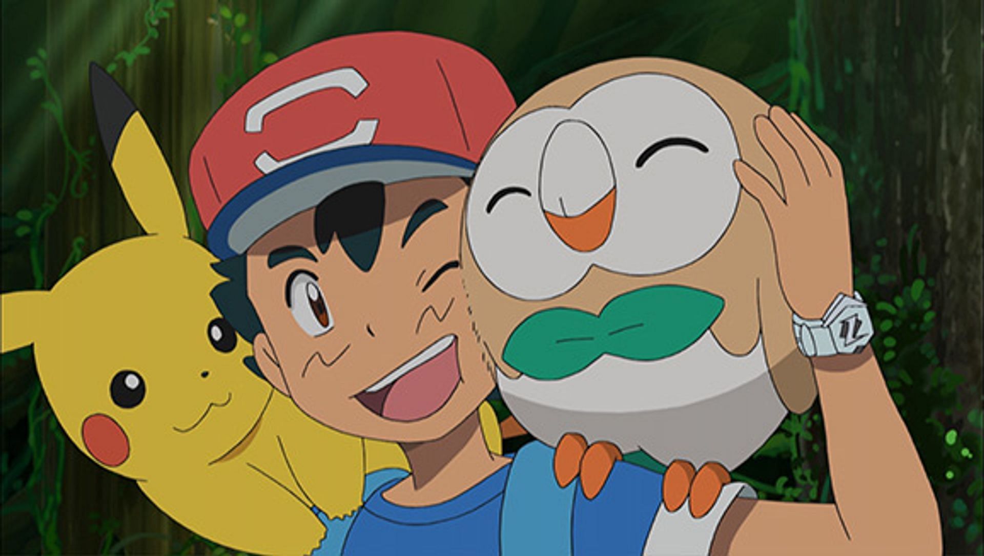 Ash, Pikachu, and Rowlet from the anime (Image via The Pokemon Company)