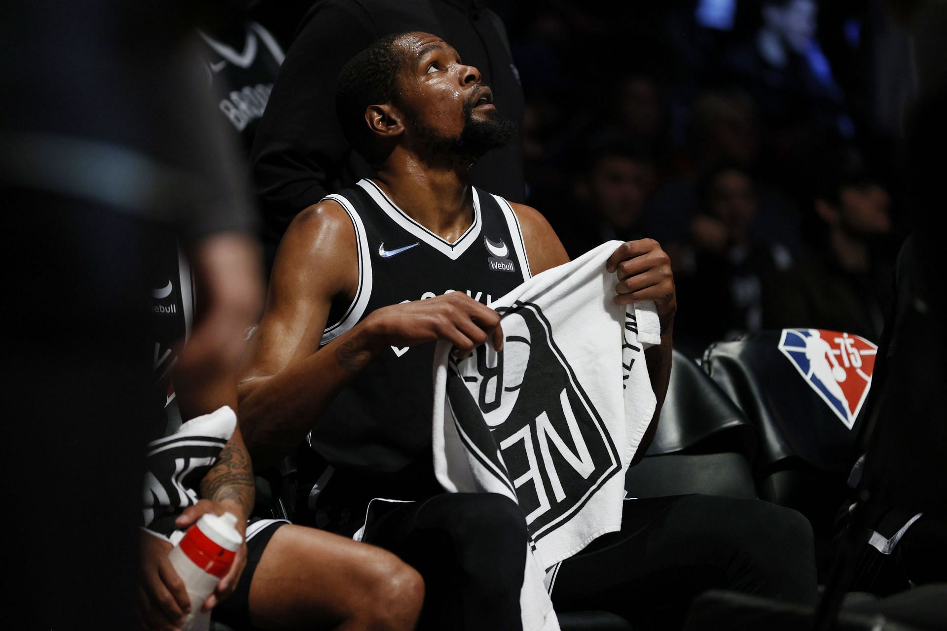 Kevin Durant of the Brooklyn Nets looks on during a timeout during the first half against the New York Knicks at Barclays Center on Sunday in the Brooklyn borough of New York City.