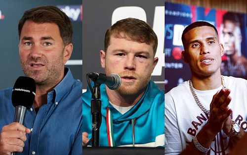 [L-R] Eddie Hearn, Canelo Alvarez and David Benavidez