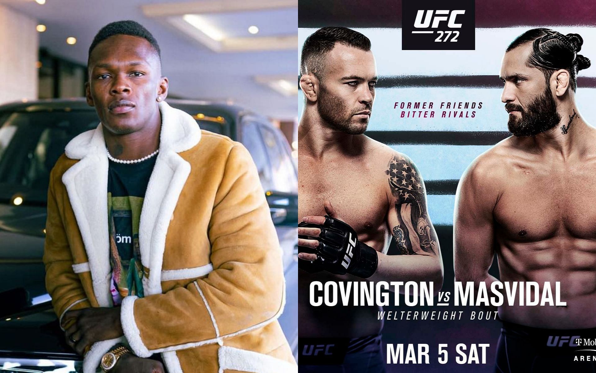 Israel Adesanya (L) via Instagram @stylebender and Colby Covington vs. Jorge Masvidal poster (R) via Twitter @UFCFansAfrica