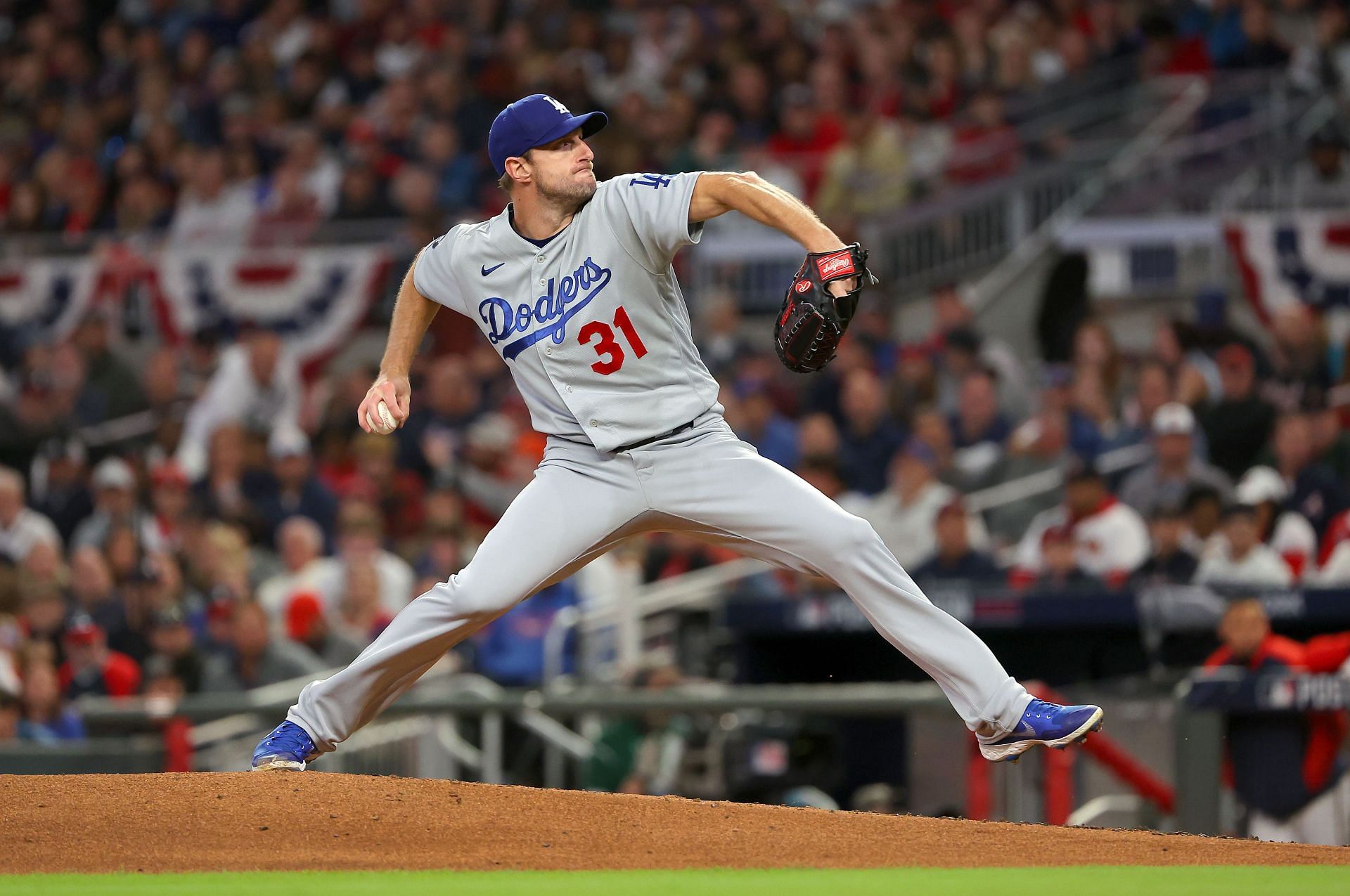 Max Scherzer pitching for the Los Angeles Dodgers during the Championship Series - Los Angeles Dodgers v Atlanta Braves - Game Two