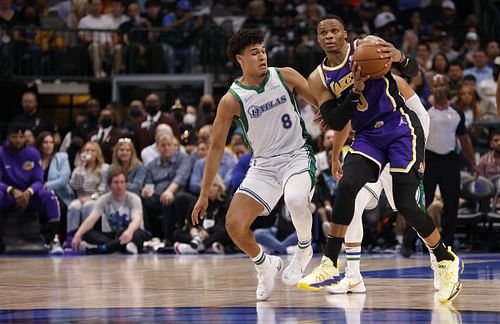 LA Lakers vs. Dallas Mavericks: Russell Westbrook handles the ball.