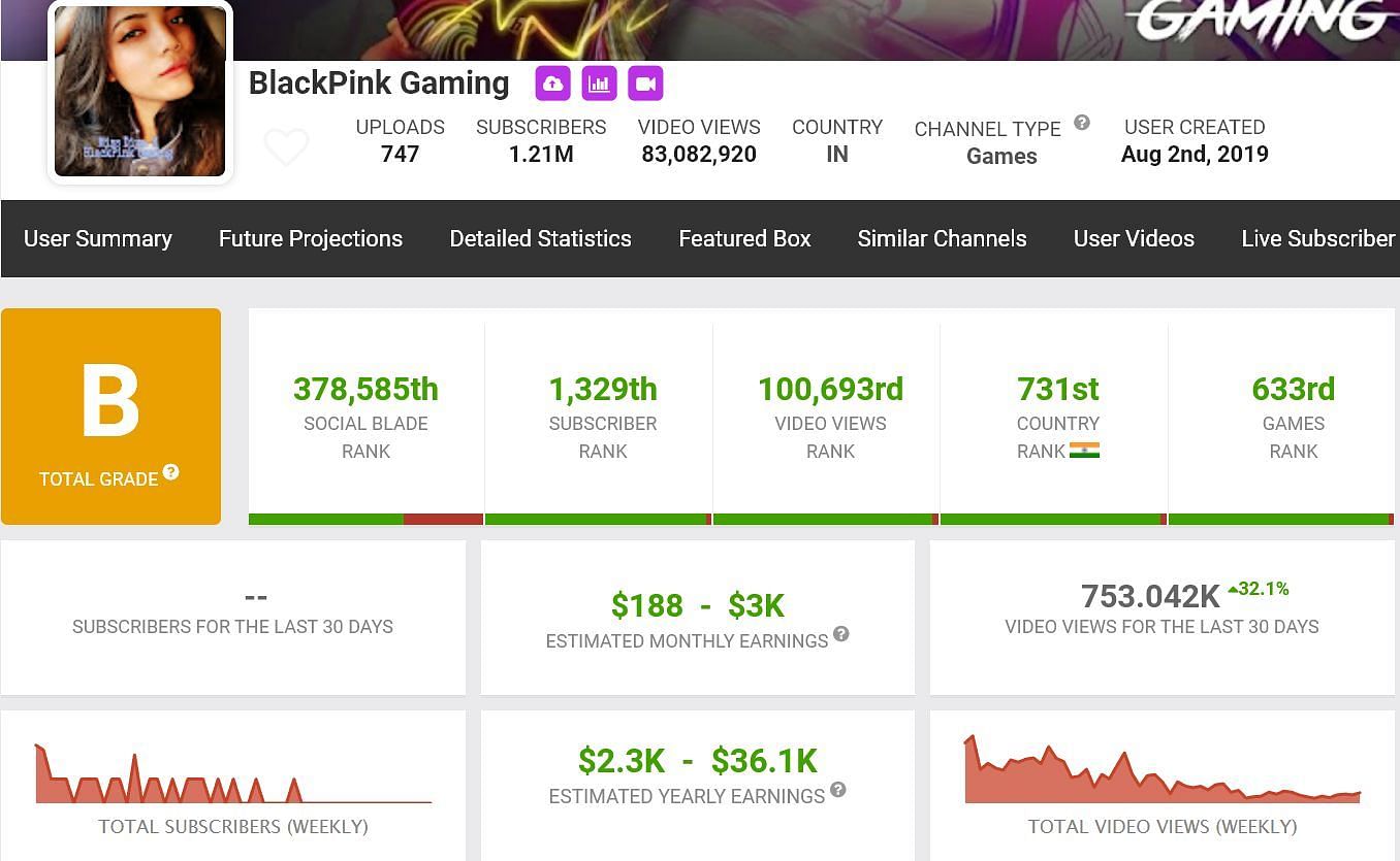 BlackPink Gaming&#039;s monthly earnings (Image via Social Blade)
