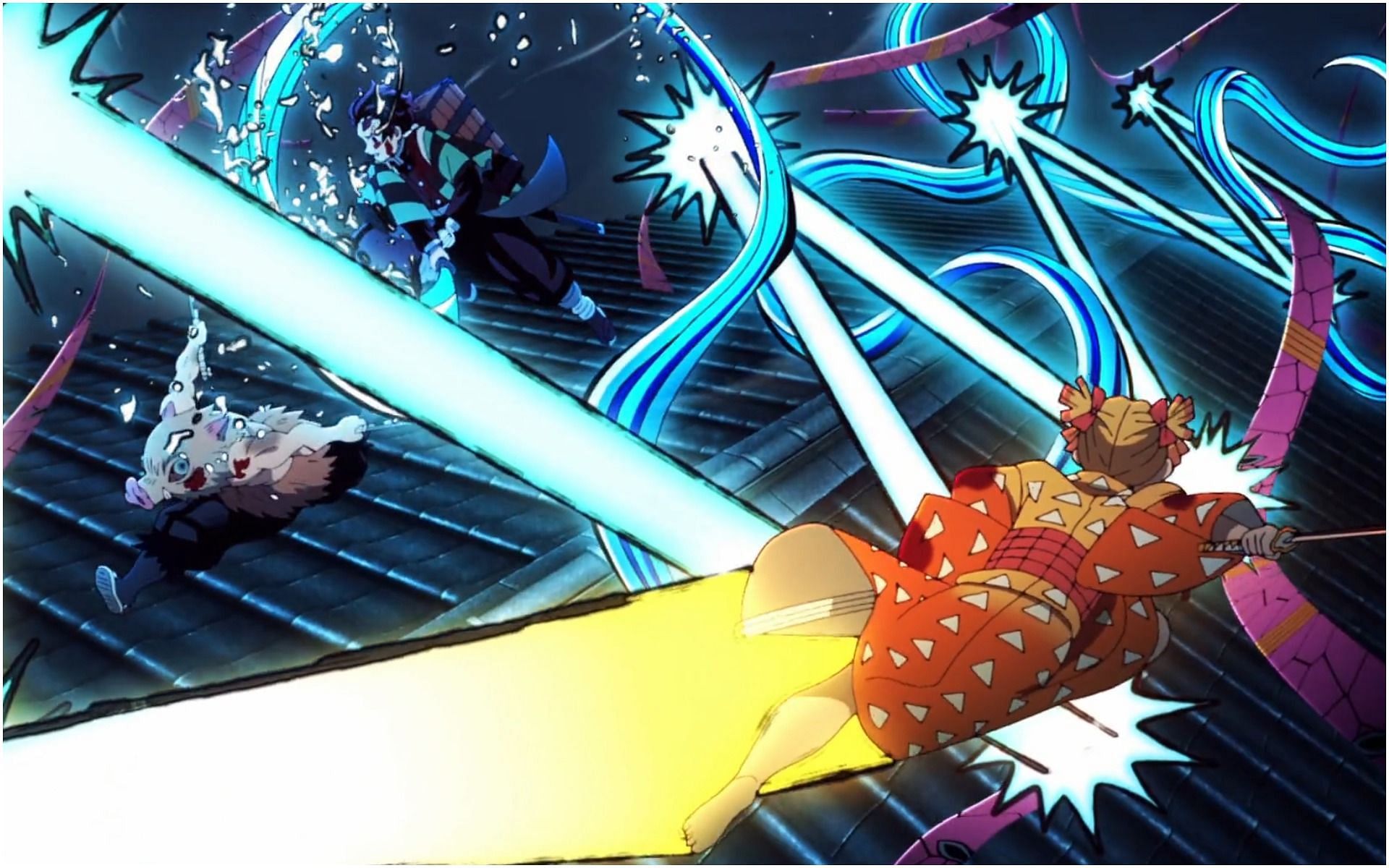 Tanjiro and Zenitsu slashing past Daki&rsquo;s obi in the Entertainment District arc (Image via Ufotable)