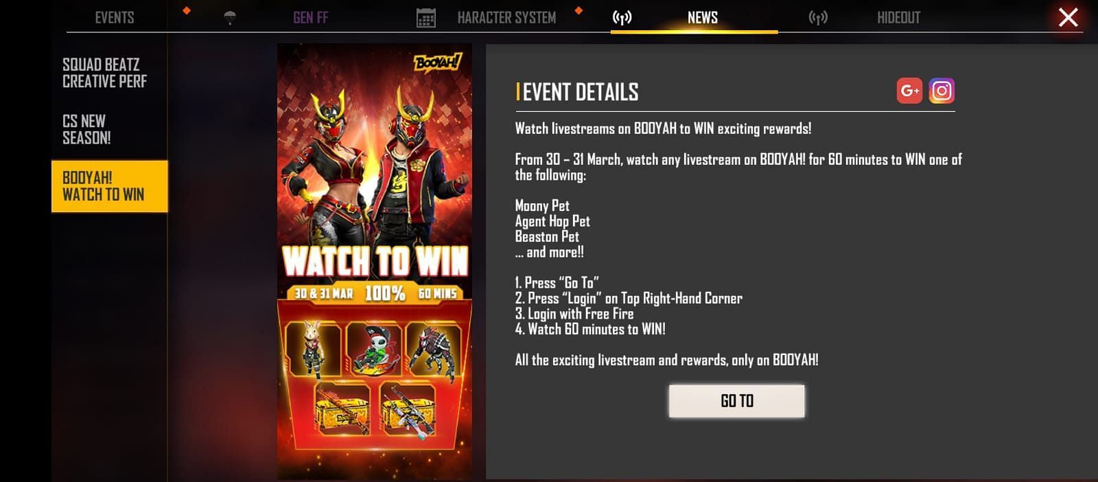 The prizes offered in the latest Watch to Win event (Image via Garena)