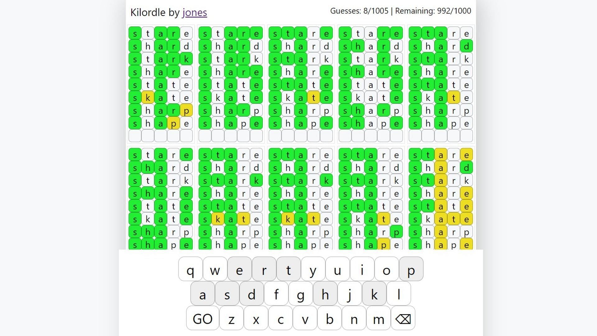 Kilordle gives players 1005 chances to guess 1000 words simultaneously (Image via Kilordle)