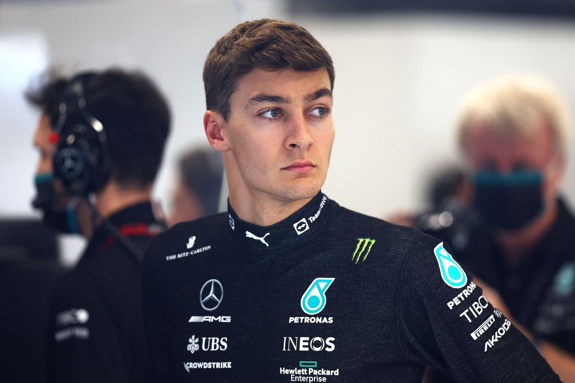 George Russell looks on in the garage during final practice ahead of the 2022 Saudi Arabian GP (Photo by Lars Baron/Getty Images)