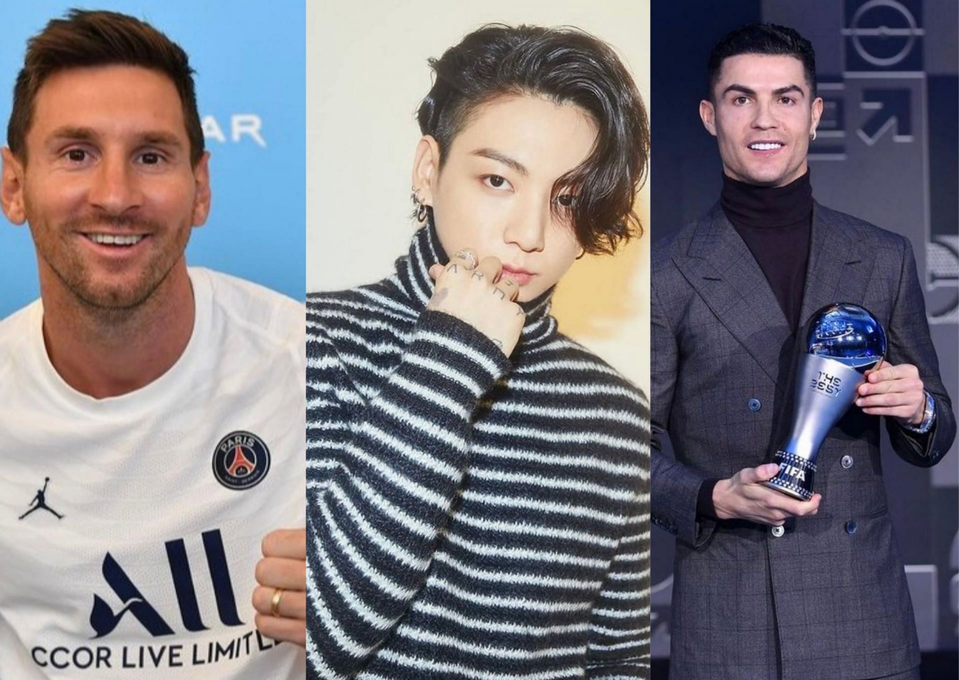 From left to right, Lionel Messi, BTS Jungkook, Cristiano Ronaldo (Image via @leomessi@jungkook_bighitentertainment/@cristiano/Instagram)