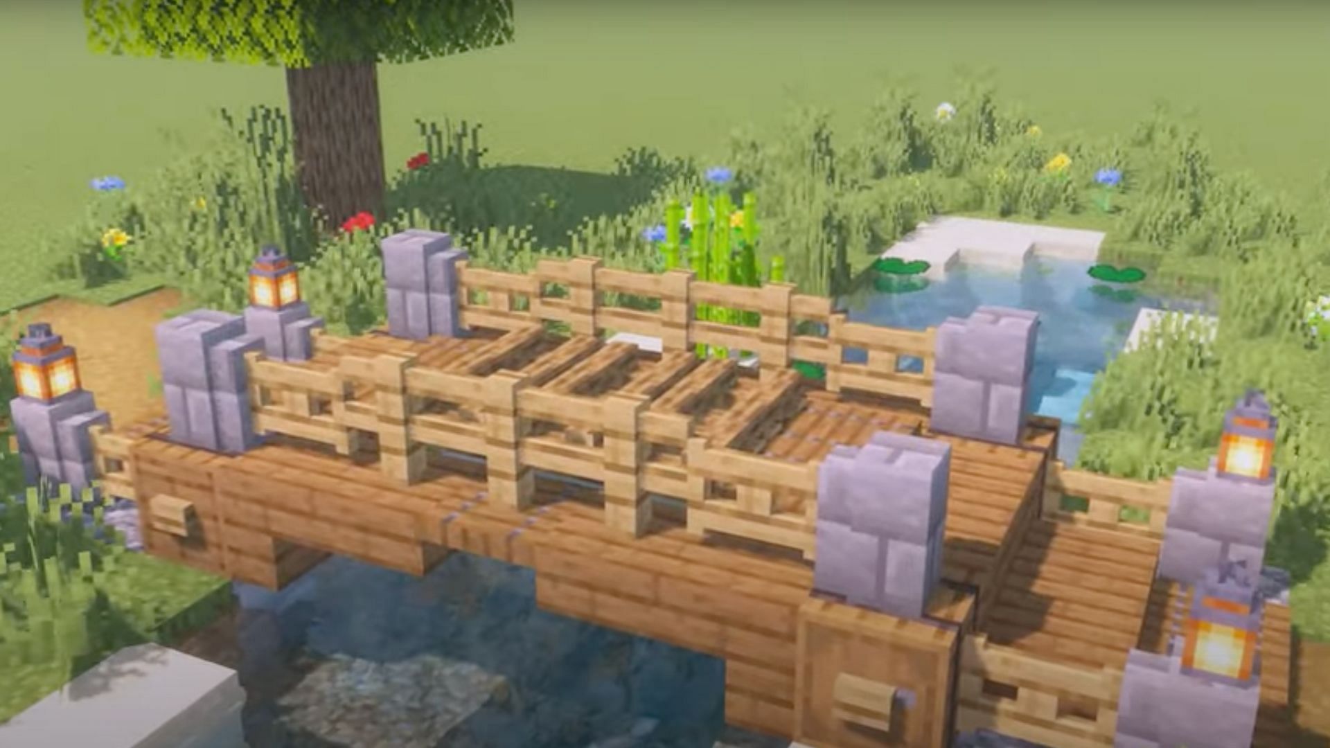 Players can create this small wooden bridge that is not only functional, but looks great as well (Image via Voyd/YouTube)