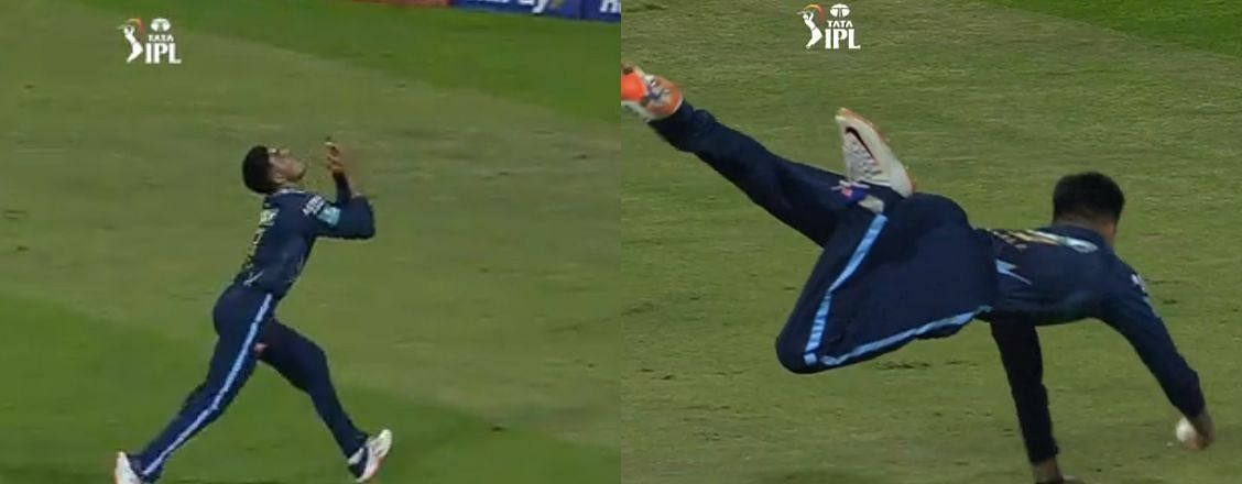 Shubman Gill took a spectacular catch to dismiss Evin Lewis. Pics: IPLT20.COM