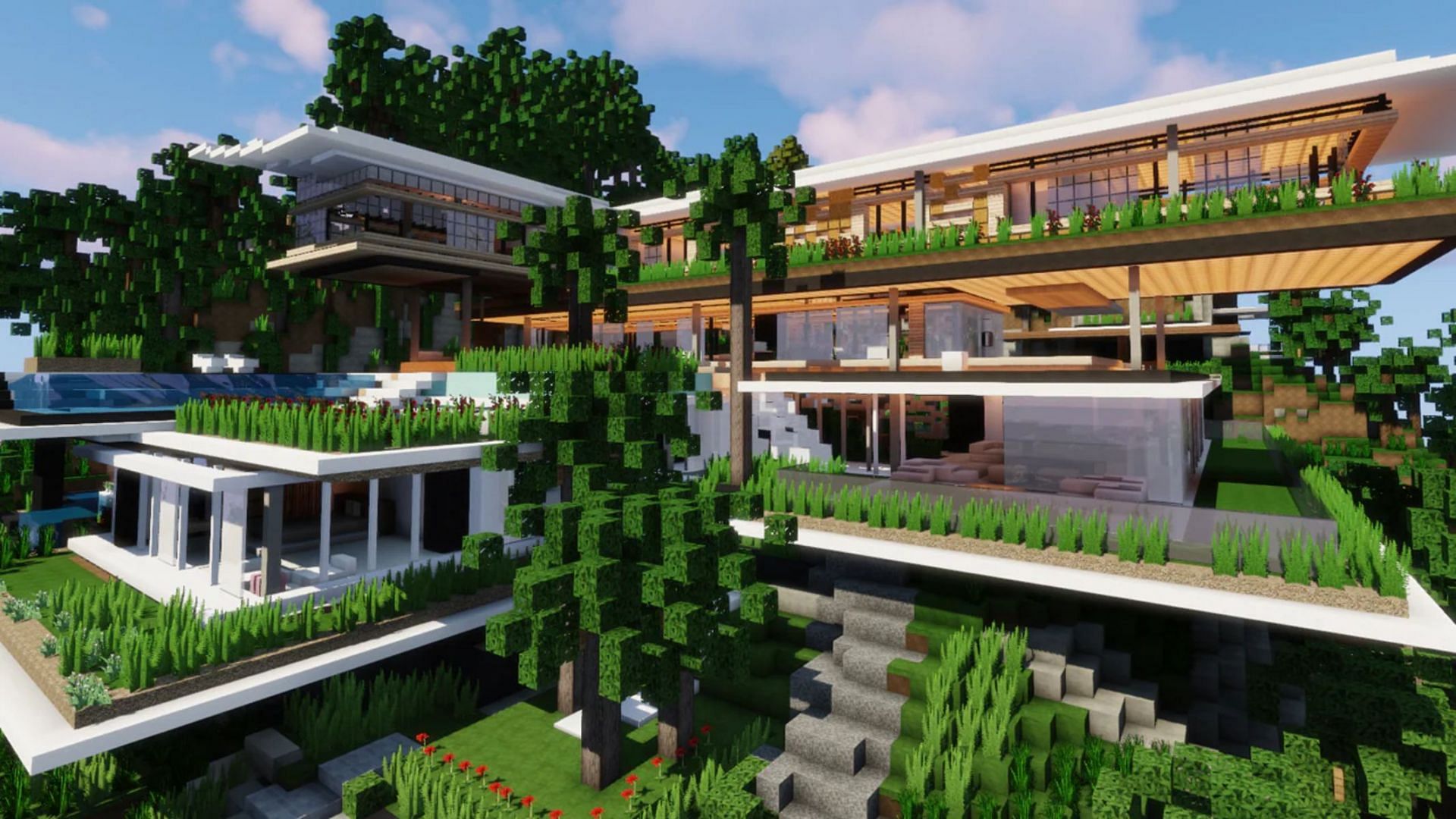 Adding greenery to the exterior adds dimension to the build, emphasizing its form (Image via Minecraft.net)