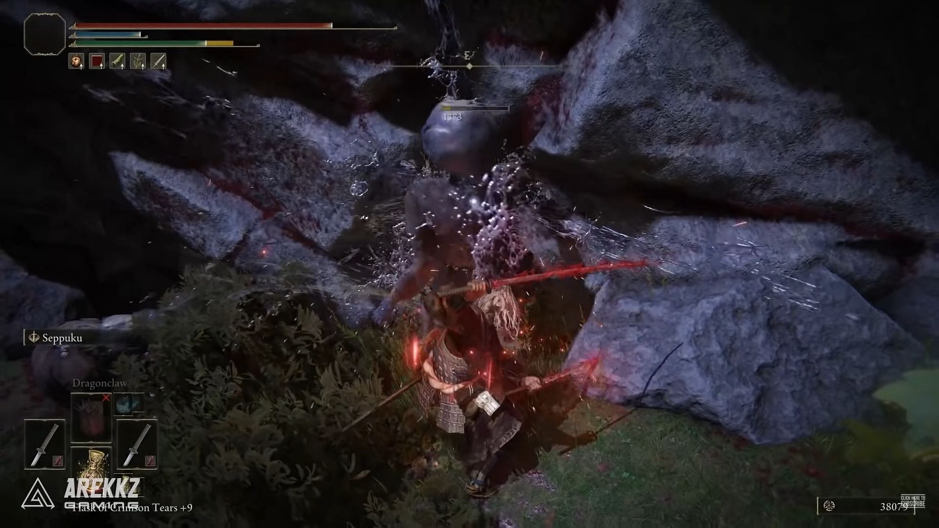Seppuku in Elden Ring stains a weapon with blood to enable it for the Bleed status effect (Image via Arekkz Gaming/Youtube)