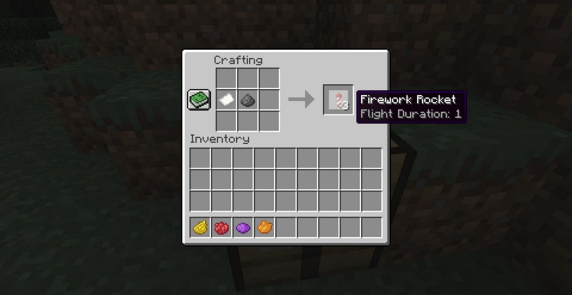 Crafting a level one firework (Image via Mojang)
