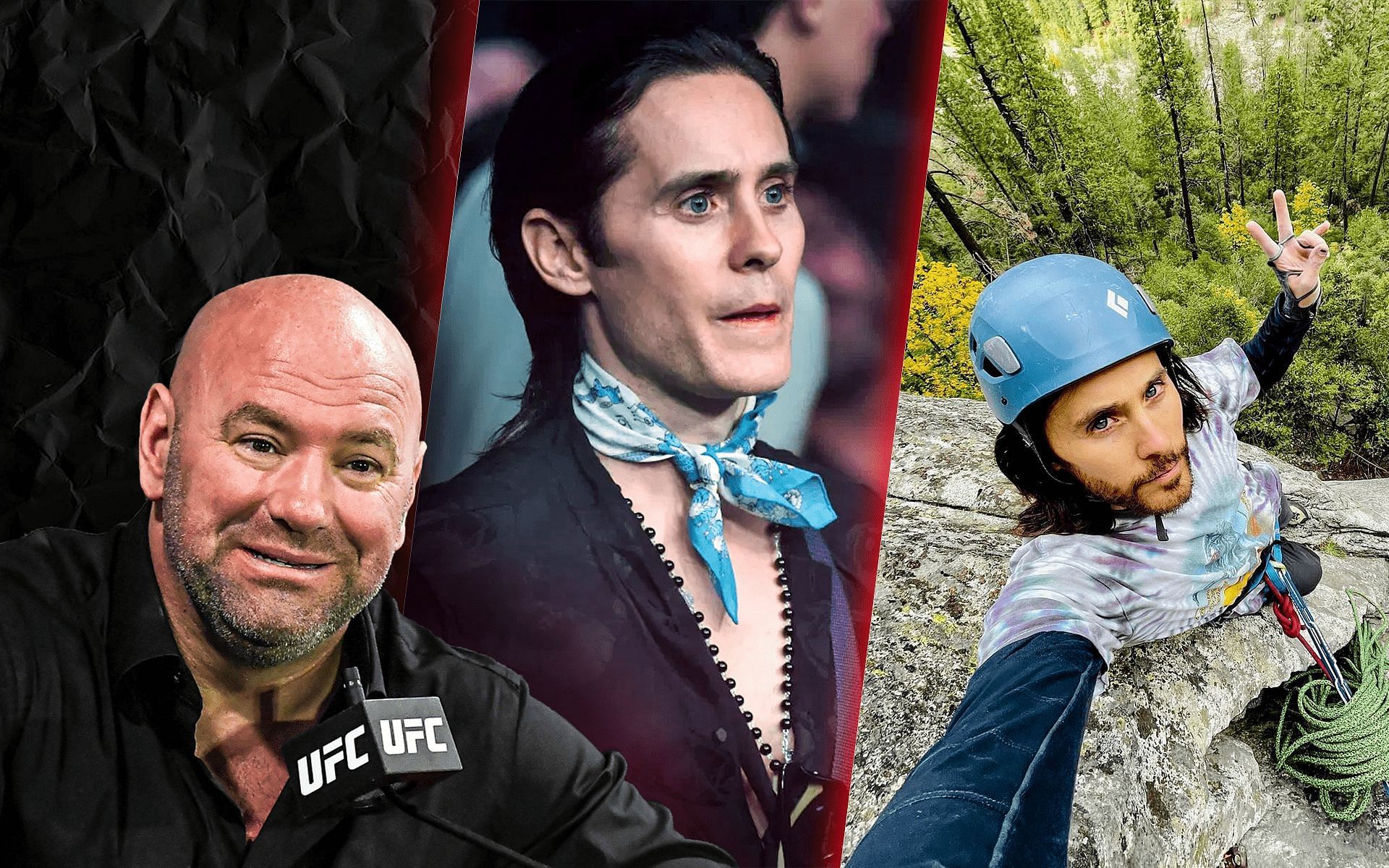 Dana White (left), Jared Leto (center and right) [Center image courtesy: Jeff Bottari / Zuffa LLC, right image courtesy: @jaredleto on Instagram)