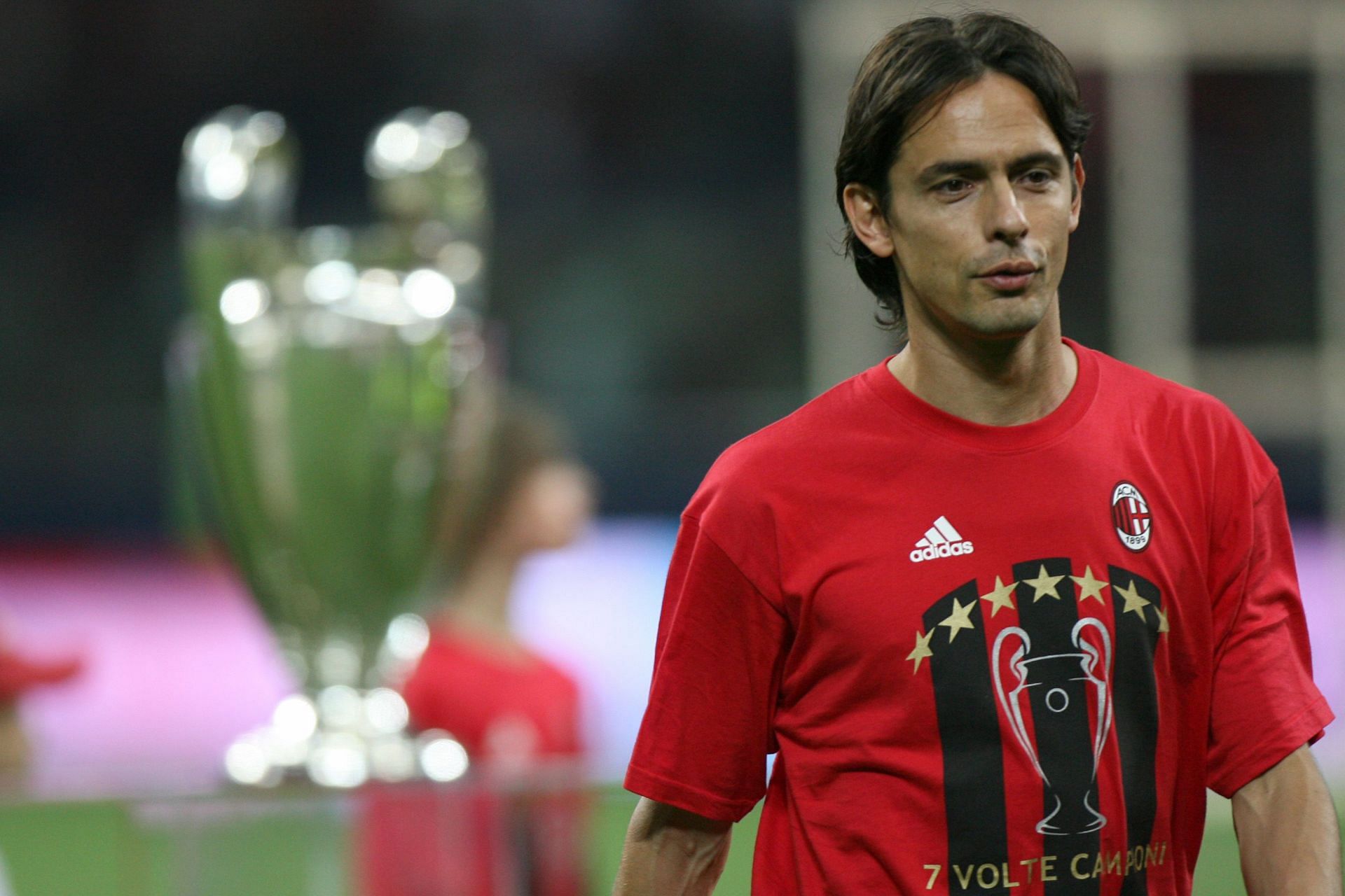 Filippo Inzaghi walks past the Champions League trophy after AC Milan&#039;s win in 2007.
