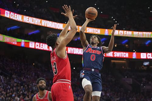 Tyrese Maxey #0 of the Philadelphia 76ers in action