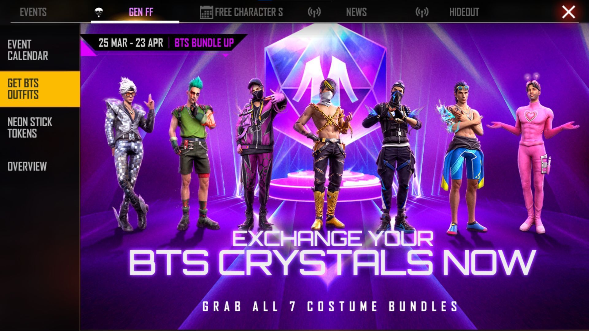 Players will get to exchange special edition outfits with BTS crystals (Image via Garena)