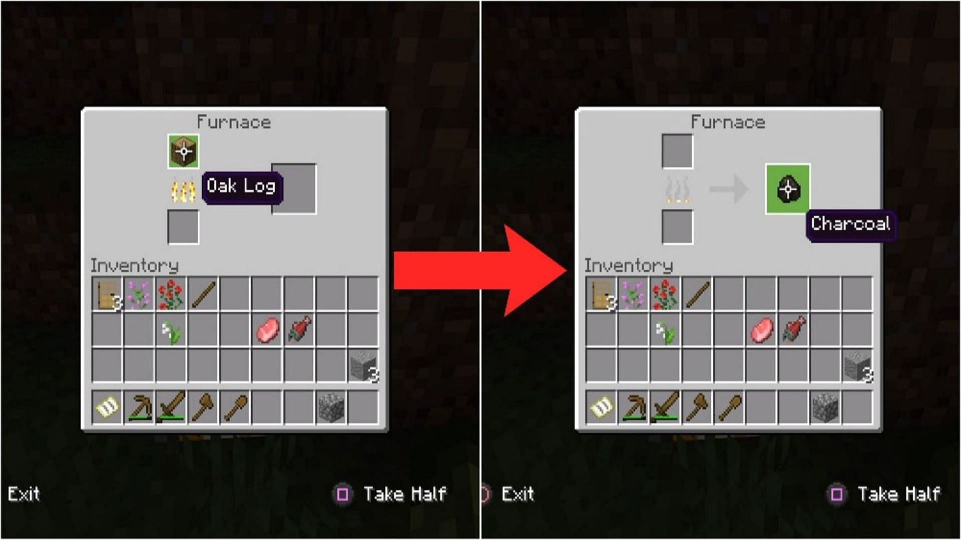A player smelting charcoal from wooden logs (Image via Mojang)