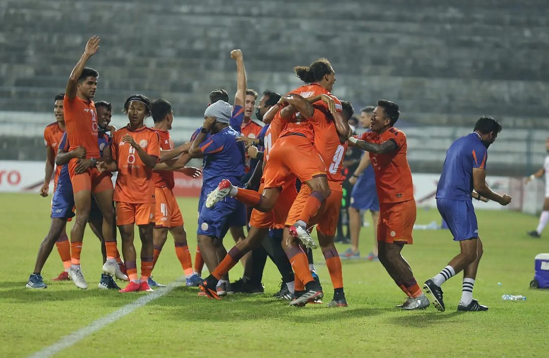 RoundGlass Punjab FC players celebrate their winning goal against Aizawl FC in the I-League. (Image Courtesy: RoundGlass Punjab FC)