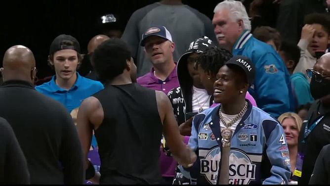 ICYMI: Rapper DaBaby cuts a happy figure as Kyrie Irving provides him with the jersey he scored his 50-piece in against Charlotte Hornets