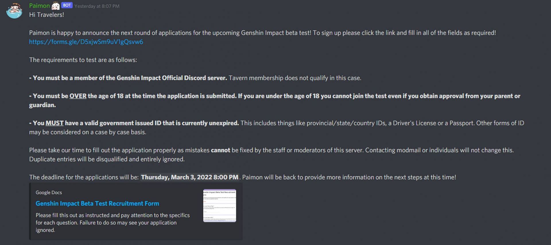 The Discord post discussing this recruitment form (Image via the official Genshin Impact Discord)