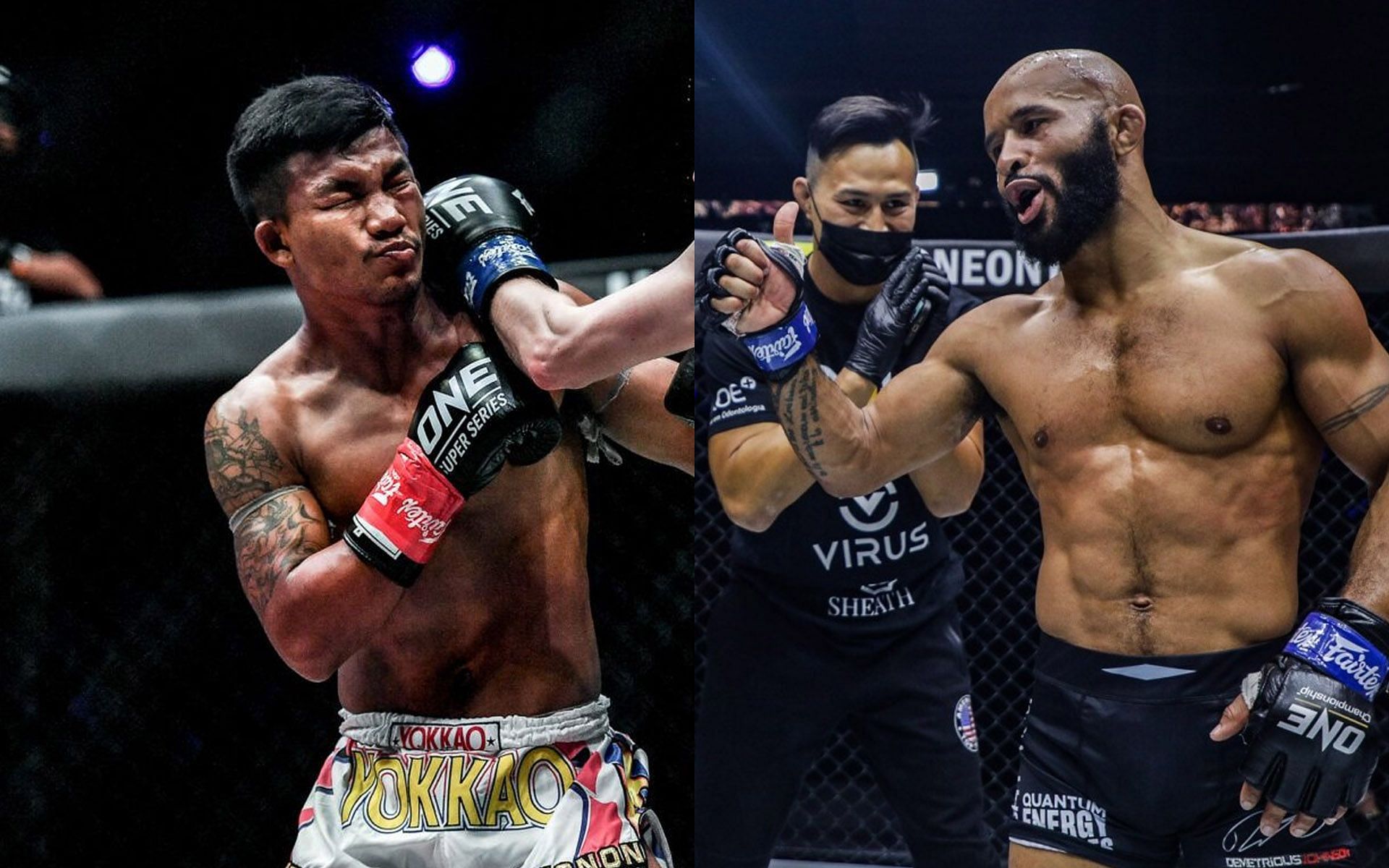 Demetrious Johnson (R) believes Rodtang (L) will need to change his style at some point. | [Photos: ONE Championship/South China Morning Post]