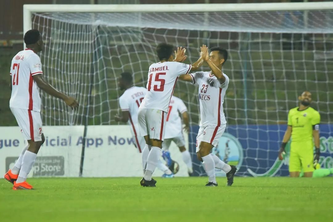 Aizawl FC players celebrate their goal against Churchill Brothers FC in the I-League (Image Courtesy: I-League Instagram)