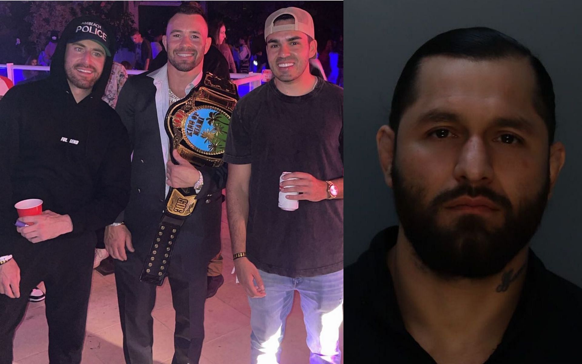 Bob Menery, Colby Covington, Kyle Forgeard (left) via @bobmenery on Instagram; Jorge Masvidal mugshot (right) via Twitter @MiamiBeachPD