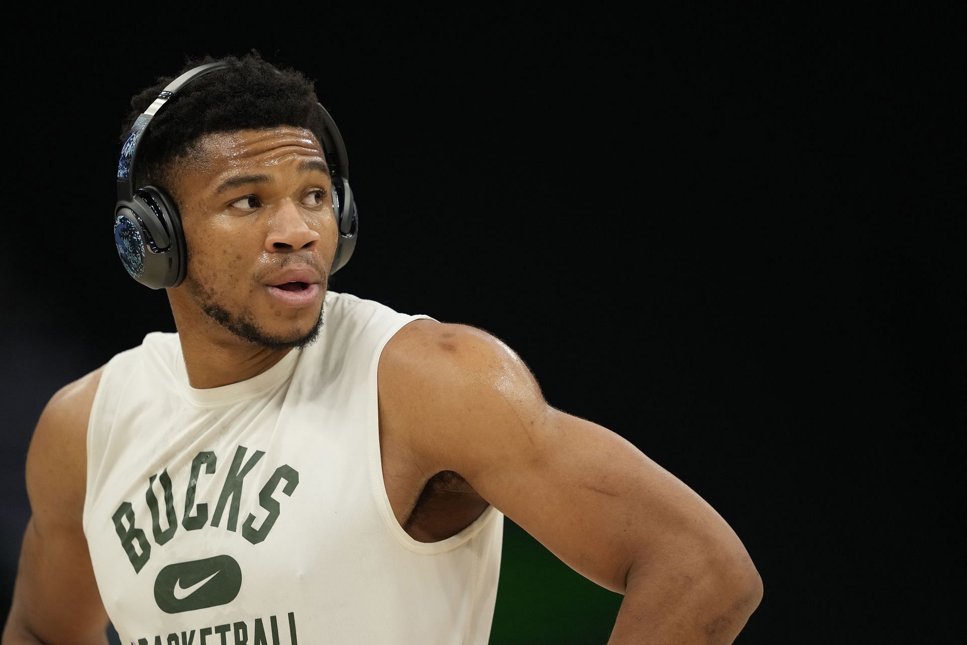 Giannis Antetokounmpo warms up before a game.